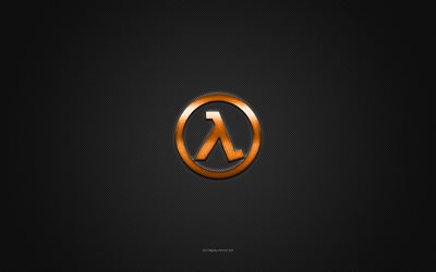 Half-Life logo, orange shiny logo, Half-Life metal emblem, gray carbon fiber texture, Half-Life, brands, creative art, Half-Life emblem