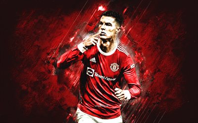 Cristiano Ronaldo, CR7, portrait, Manchester United FC, red stone background, grunge art, CR7 Manchester United, Premier League