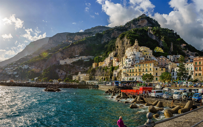 Amalfi, dağlar, deniz, yaz, Salerno K&#246;rfezi, İtalya, Salerno