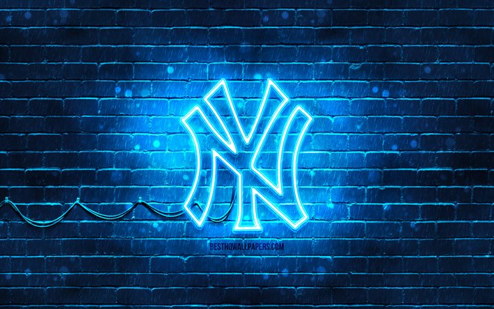 ニューヨーク・ヤンキースブルーロゴ, 4k, 青いレンガの壁, ニューヨーク・ヤンキース, アメリカ野球チーム, ニューヨーク・ヤンキース・ネオンのロゴ, NYヤンキース