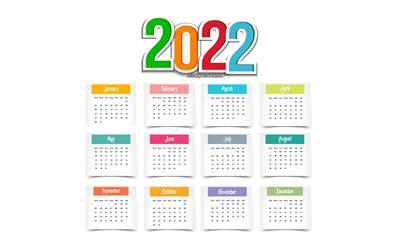 2022 Calendar, 4k, white background, colored paper elements, 2022 all months calendar, 2022 Year calendar, 2022 concepts