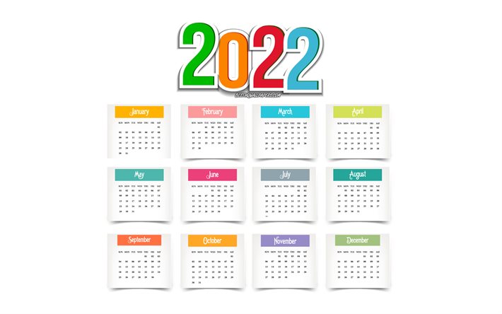 2022 Takvim, 4k, beyaz arka plan, renkli kağıt elemanları, 2022 t&#252;m aylar takvimi, 2022 Yıl takvimi, 2022 kavramları