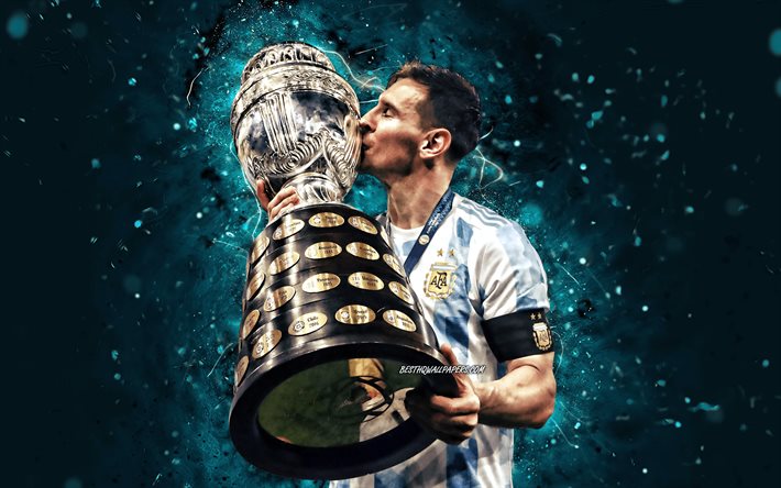 Lionel Messi cupilla, 2021, Argentiinan jalkapallomaajoukkue, 4K, jalkapallot&#228;hdet, Leo Messi, siniset neonvalot, Lionel Andres Messi Cuccittini, Lionel Messi, jalkapallo, Messi, Argentiinan maajoukkue, Lionel Messi 4K
