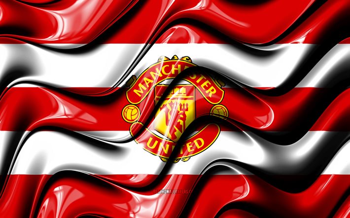 Bandiera del Manchester United, onde 3D 4k, rosso e bianco, Premier League, squadra di calcio inglese, calcio, logo del Manchester United, Manchester United FC, Man United