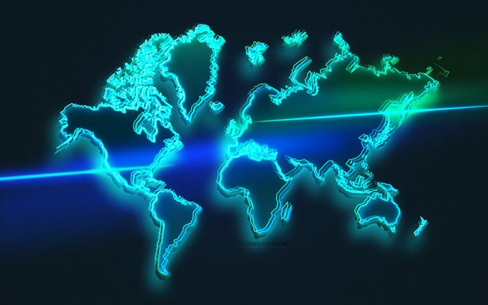 Mapa do mundo, arte leve, fundo da linha de luz azul, mapa de neon mundial, arte criativa, mapa de luz mundial, conceitos de mapa mundial