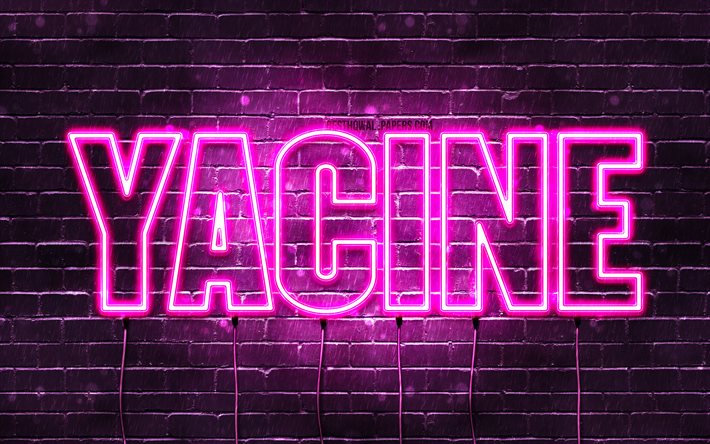 Yacine, 4k, pap&#233;is de parede com nomes, nomes femininos, nome Yacine, luzes de neon roxas, Feliz Anivers&#225;rio Yacine, nomes femininos &#225;rabes populares, foto com nome Yacine