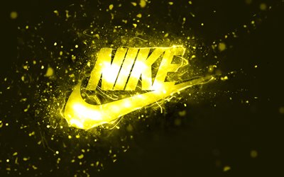 Nike yellow logo, 4k, yellow neon lights, creative, yellow abstract background, Nike logo, fashion brands, Nike