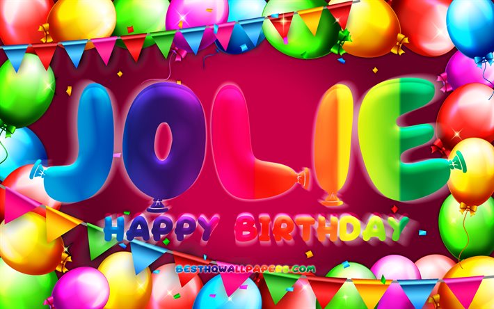 Joyeux anniversaire Jolie, 4k, cadre de ballon color&#233;, nom jolie, fond violet, Jolie Joyeux anniversaire, Jolie anniversaire, noms f&#233;minins am&#233;ricains populaires, Concept d’anniversaire, Jolie