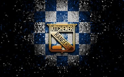 Kitchener Rangers, logo paillet&#233;, OHL, fond quadrill&#233; blanc bleu, hockey, &#233;quipe canadienne de hockey, logo Kitchener Rangers, art de la mosa&#239;que, Canada