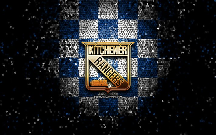 Kitchener Rangers, logo paillet&#233;, OHL, fond quadrill&#233; blanc bleu, hockey, &#233;quipe canadienne de hockey, logo Kitchener Rangers, art de la mosa&#239;que, Canada