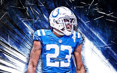 4k, Kenny Moore, art grunge, Indianapolis Colts, football am&#233;ricain, NFL, Kenneth Moore Jr, quarterback, rayons abstraits bleus, Kenny Moore 4K, Kenny Moore Indianapolis Colts