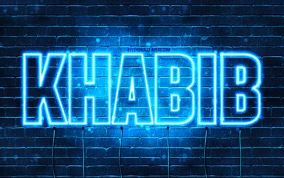 Khabib, 4k, fonds d&#39;&#233;cran avec des noms, nom Khabib, n&#233;ons bleus, joyeux anniversaire Khabib, noms masculins arabes populaires, photo avec nom Khabib