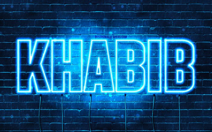 Khabib, 4k, fonds d&#39;&#233;cran avec des noms, nom Khabib, n&#233;ons bleus, joyeux anniversaire Khabib, noms masculins arabes populaires, photo avec nom Khabib