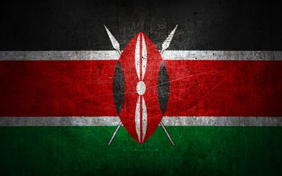 Kenyansk metallflagga, grungekonst, afrikanska l&#228;nder, Kenyas dag, nationella symboler, Kenyas flagga, metallflaggor, Afrika, Kenya