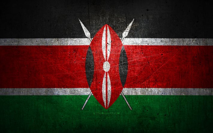 Drapeau kenyan en m&#233;tal, art grunge, pays africains, jour du Kenya, symboles nationaux, drapeau kenyan, drapeaux m&#233;talliques, Afrique, Kenya