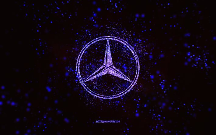 Mercedes-Benz glitter logo, 4k, black background, Mercedes-Benz logo, blue glitter art, Mercedes-Benz, creative art, Mercedes-Benz blue glitter logo, Mercedes logo