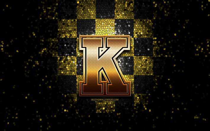 Kingston Frontenacs, glitter logo, OHL, yellow black checkered background, hockey, canadian hockey team, Kingston Frontenacs logo, mosaic art, Canada