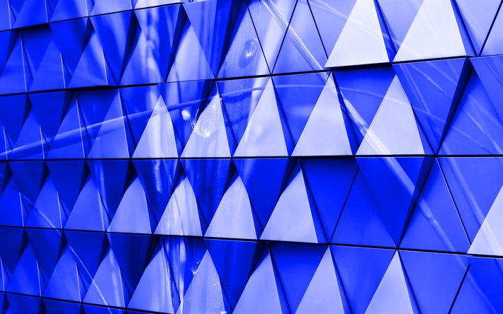 fond de triangle 3d bleu, 4k, fond 3d bleu, triangles de verre, fond bleu 3d cr&#233;atif, triangles de verre 3d bleu