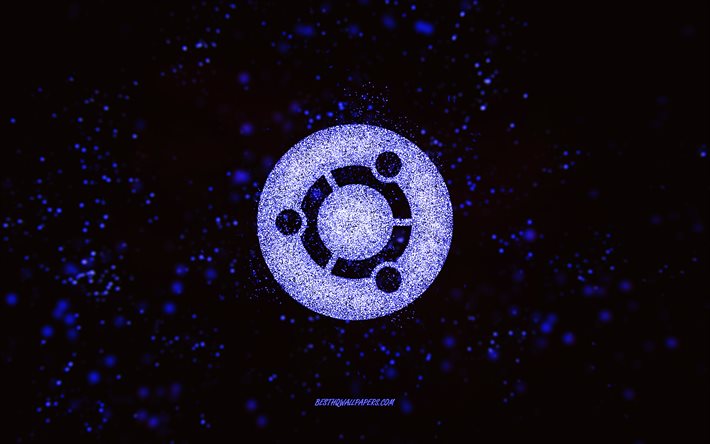 ubuntu-glitter-logo, 4k, schwarzer hintergrund, ubuntu-logo, blaue glitzerkunst, ubuntu, kreative kunst, ubuntu-blaues glitzerlogo
