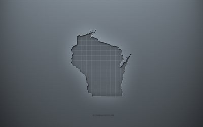 ウィスコンシンの地図, 灰色の創造的な背景, Wisconsin, 米国, 灰色の紙の質感, アメリカの州, ウィスコンシンの地図のシルエット, 灰色の背景, ウィスコンシン3Dマップ