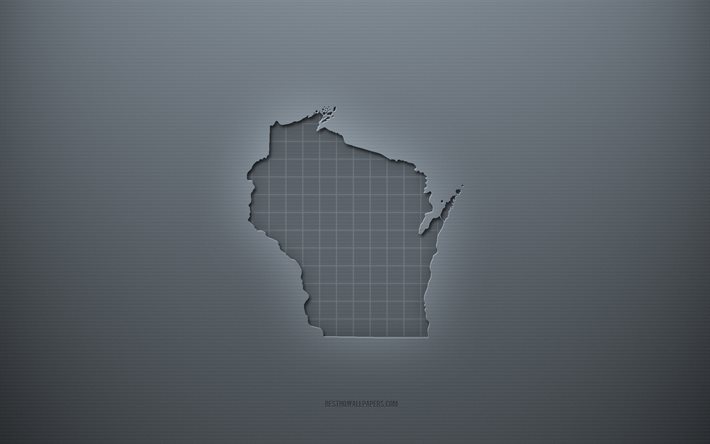 Mappa del Wisconsin, sfondo grigio creativo, Wisconsin, USA, texture di carta grigia, stati americani, sagoma della mappa del Wisconsin, mappa del Wisconsin, sfondo grigio, mappa del Wisconsin 3d