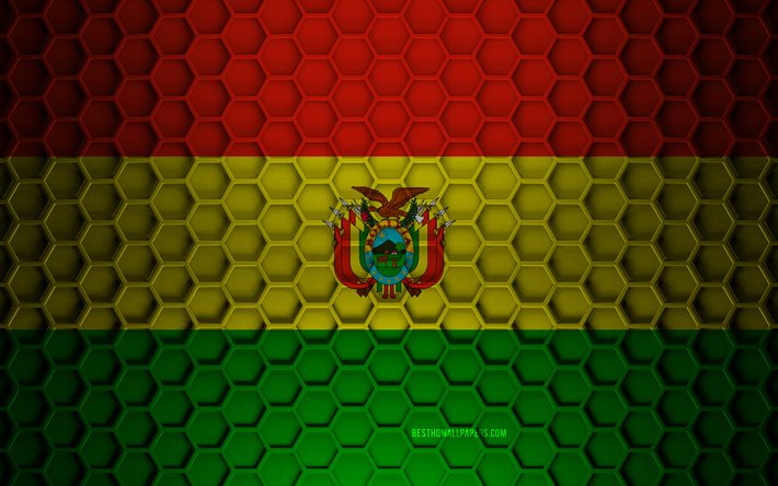 Drapeau de la Bolivie, texture des hexagones 3d, Bolivie, texture 3d, drapeau de la Bolivie 3d, texture en m&#233;tal, drapeau de la Bolivie