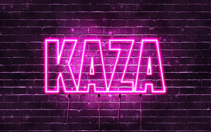 Kaza, 4k, pap&#233;is de parede com nomes, nomes femininos, nome Kaza, luzes de n&#233;on roxas, Feliz Anivers&#225;rio Kaza, nomes femininos &#225;rabes populares, imagem com o nome Kaza