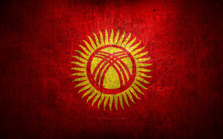 Drapeau kirghize en m&#233;tal, art grunge, pays asiatiques, Jour du Kirghizistan, symboles nationaux, Drapeau kirghiz, drapeaux m&#233;talliques, Drapeau du Kirghizistan, Asie, Drapeau kirghize, Kirghizistan