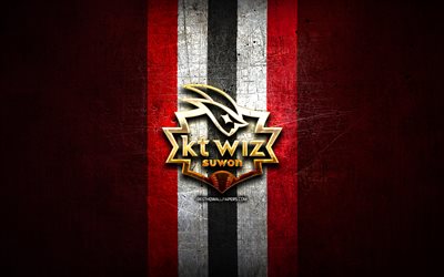 KT Wiz, golden logo, KBO, red metal background, south korean baseball team, KT Wiz logo, baseball, KT Wiz Suwon, South Korea