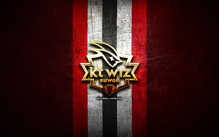 KT Wiz, logotipo dourado, KBO, fundo de metal vermelho, time de beisebol da Coreia do Sul, logotipo KT Wiz, beisebol, KT Wiz Suwon, Coreia do Sul