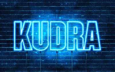 Kudra, 4k, fonds d&#39;&#233;cran avec des noms, nom Kudra, n&#233;ons bleus, joyeux anniversaire Kudra, noms masculins arabes populaires, photo avec nom Kudra