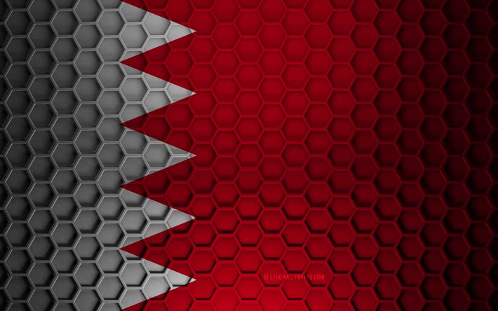Bandiera del Bahrain, texture di esagoni 3d, Bahrain, texture 3d, bandiera del Bahrain 3d, struttura del metallo, bandiera del Bahrain