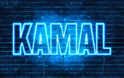 Kamal, 4k, fonds d&#39;&#233;cran avec des noms, nom Kamal, n&#233;ons bleus, joyeux anniversaire Kamal, noms masculins arabes populaires, photo avec nom Kamal