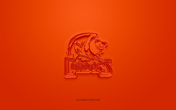 بيكرسفيلد كوندورز, شعار 3D الإبداعية, خلفية برتقالية, AHL, 3d شعار, فريق الهوكي الأمريكي, دوري الهوكي الأمريكي, كاليفورنيا, الولايات المتحدة الأمريكية, فن ثلاثي الأبعاد, الهوكي, شعار بيكرسفيلد كوندورز ثلاثي الأبعاد
