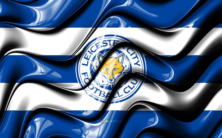 Leicester City FC bayrağı, 4k, mavi ve beyaz 3D dalgalar, Premier Lig, İngiliz Futbol Kul&#252;b&#252;, futbol, Leicester City FC logosu, Leicester City FC