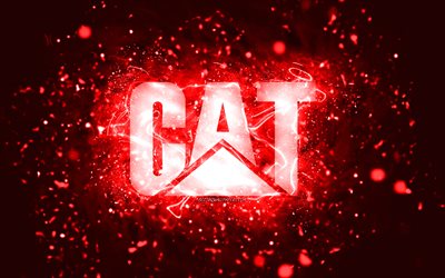 Caterpillar red logo, 4k, CaT, red neon lights, creative, red abstract background, Caterpillar logo, CaT logo, brands, Caterpillar