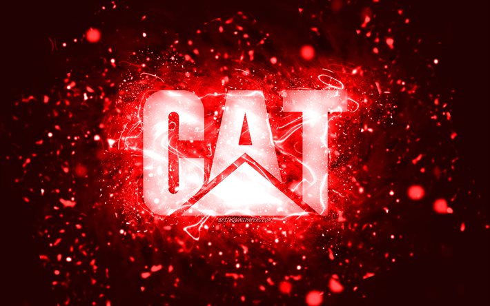 Logo Caterpillar rouge, 4k, CaT, n&#233;ons rouges, cr&#233;atif, fond abstrait rouge, logo Caterpillar, logo CaT, marques, Caterpillar