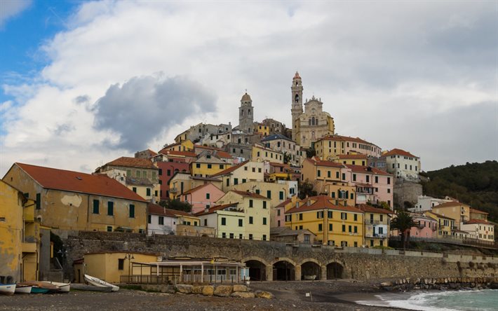 Cervo, afton, Liguria, Cervo panorama, Cervo stadsbild, Medelhavet, Italien