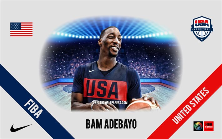 Bam Adebayo, sele&#231;&#227;o nacional de basquete dos Estados Unidos, jogador de basquete americano, NBA, plano de fundo do basquete, retrato, EUA, basquete