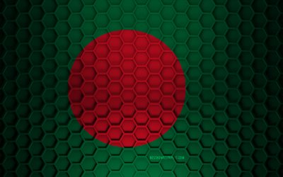 Drapeau du Bangladesh, texture des hexagones 3d, Bangladesh, texture 3d, drapeau du Bangladesh 3d, texture en m&#233;tal, drapeau du Bangladesh