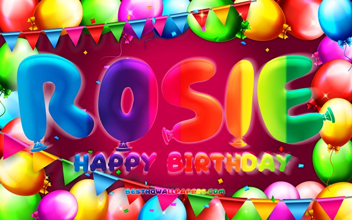 Joyeux anniversaire Rosie, 4k, cadre de ballon color&#233;, Nom de Rosie, fond violet, Joyeux anniversaire de Rosie, Anniversaire de Rosie, Noms f&#233;minins am&#233;ricains populaires, Concept d&#39;anniversaire, Rosie