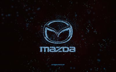Mazda glitter logo, 4k, black background, Mazda logo, blue glitter art, Mazda, creative art, Mazda blue glitter logo