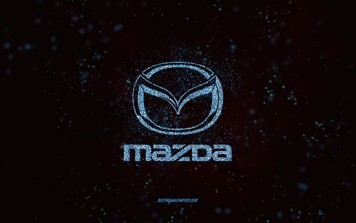 Mazda glitter logotyp, 4k, svart bakgrund, Mazda logotyp, bl&#229; glitter konst, Mazda, kreativ konst, Mazda bl&#229; glitter logotyp