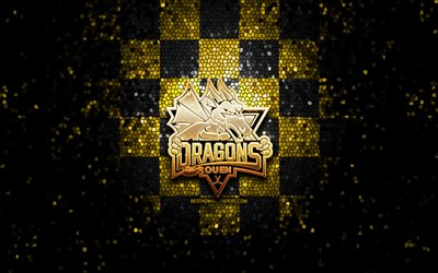 Rouen Dragons, glitter logo, Ligue Magnus, yellow black checkered background, hockey, french hockey team, Rouen Dragons logo, mosaic art, french hockey league, France