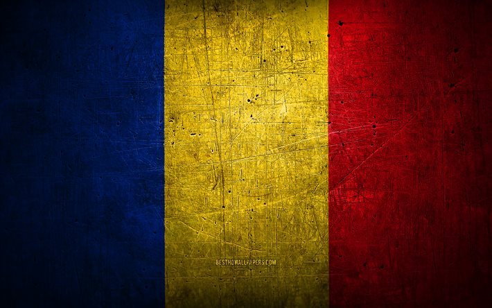Romanian metal flag, grunge art, European countries, Day of Romania, national symbols, Romania flag, metal flags, Flag of Romania, Europe, Romanian flag, Romania