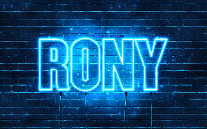 Rony, 4k, pap&#233;is de parede com nomes, nome de Rony, luzes de n&#233;on azuis, feliz anivers&#225;rio Rony, nomes masculinos &#225;rabes populares, foto com o nome de Rony