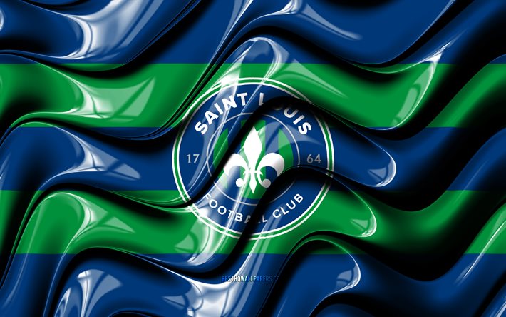 セントルイスFC旗, 4k, 青と緑の3D波, USL, アメリカのサッカーチーム, セントルイスFCのロゴ, フットボール。, サッカー, セントルイス脳炎ウイルス