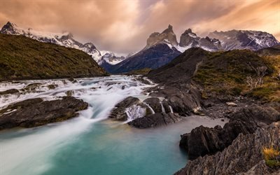 Andes, mountains, sunset, mountain river, Chile, Patagonia, Torres del Paine National Park