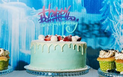 Happy birthday, blue birthday cake, candles, strawberries, birthday, congratulations, cakes