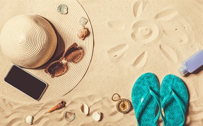 Summer vacation, beach, sand, beach accessories, sea, summer, travel concepts